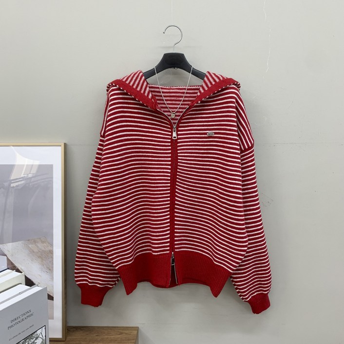 행복여 모리 핀 브로치 루즈핏 스트라이프 니트 후드 집업