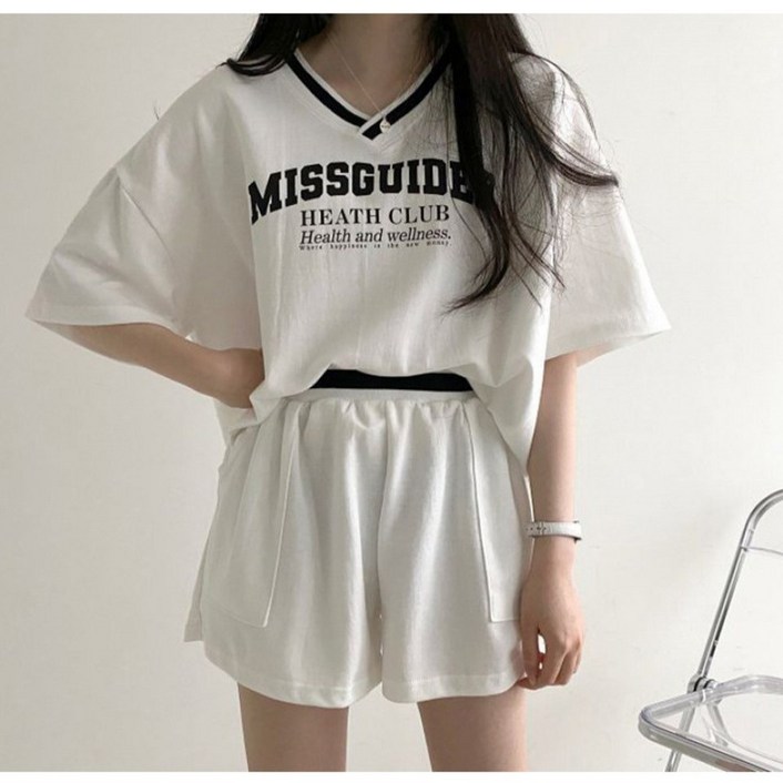 여성 여름 브이넥 루즈핏 반팔  반바지 셋업 여자 상하의 세트 소소명명