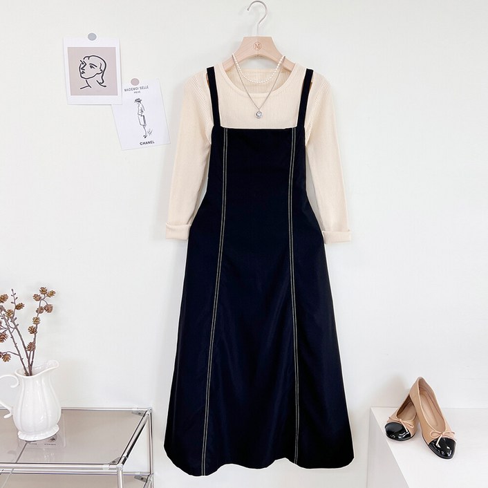 미즈큐즈 / 스티치 뷔스티에 허리잘록 스트랩 A라인 롱 원피스