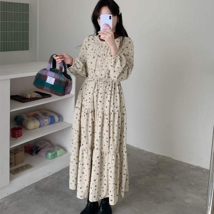 오나스타일 메이플로리 잔골덴 플라워 원피스 잔꽃 플라워 롱원피스