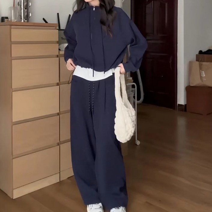 POMTOR 가을겨울 여성  트레이닝 세트 캐주얼  반집업 맨투맨+와이드 팬츠 투피스 세트