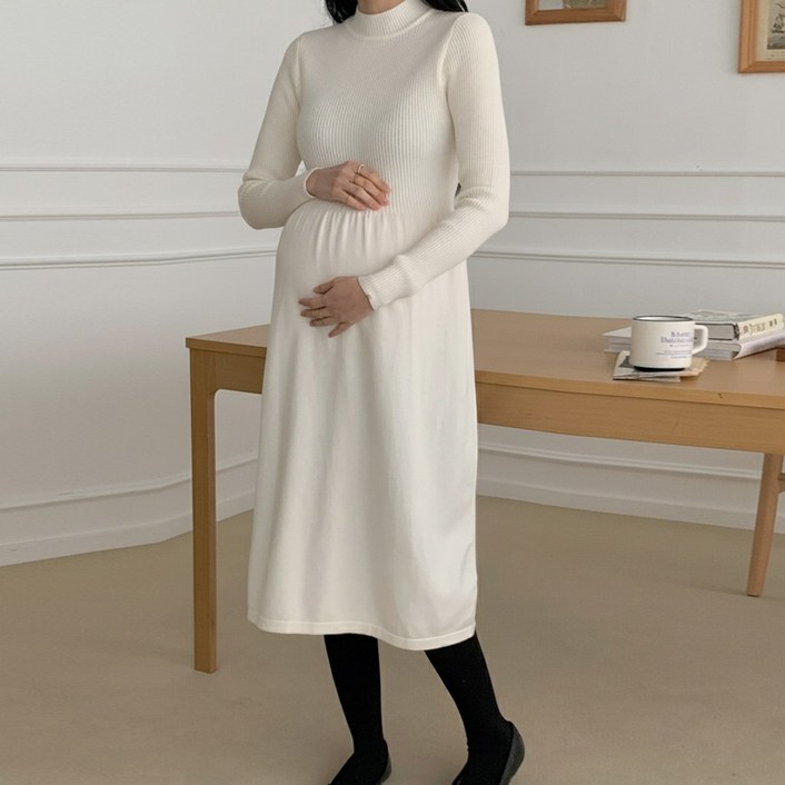 당일출고 수엠W 임산부 모크넥 A라인 니트 롱원피스 임신초기 만삭 하객룩 B082 로지니트원피스
