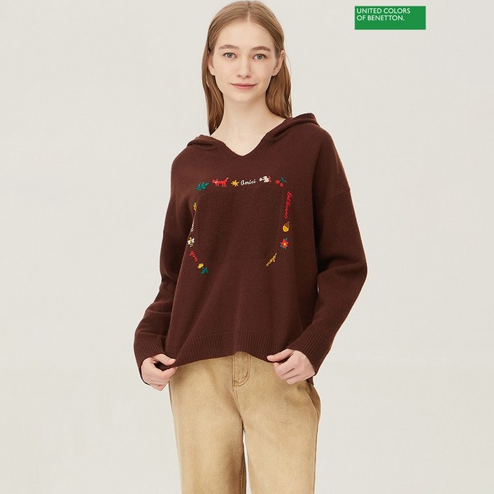 베네통 아울렛 하찌 포켓 무늬 후드 니트 BAKP71361BR 932181