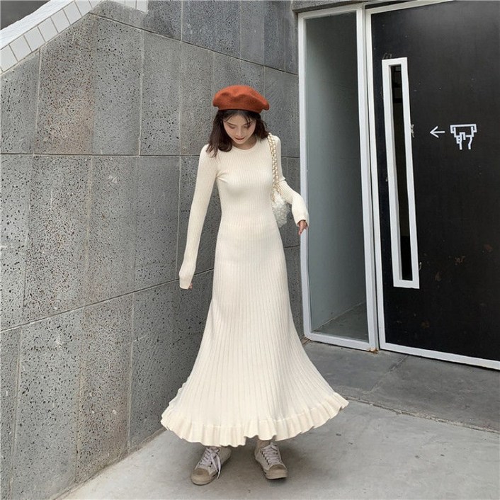 해피유통 여성용 긴팔 원피스 봄 슬림 롱 무릎 위 롱 원피스 mgy