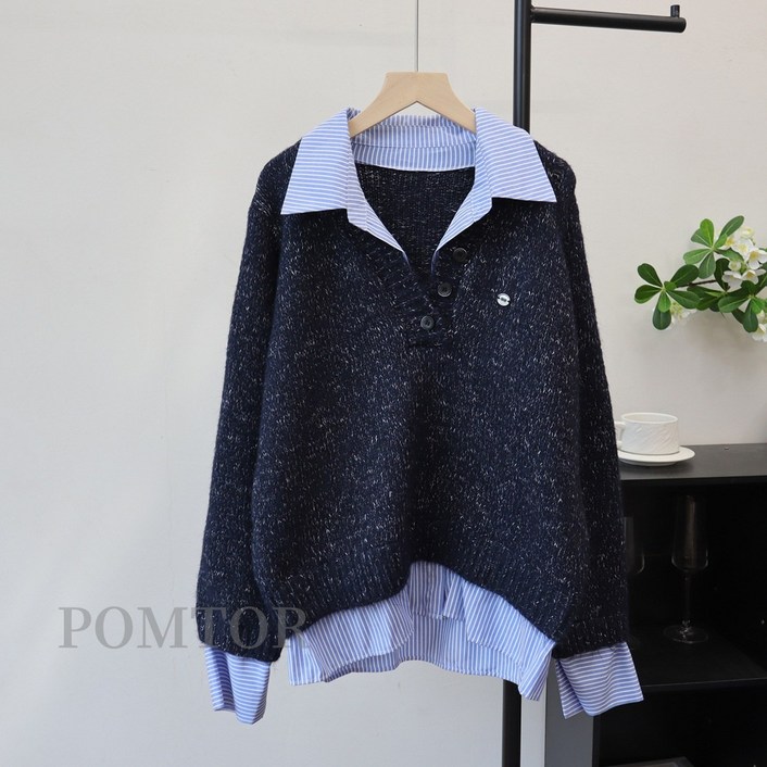 POMTOR 여성 가을 겨울 페이크 레이어드 니트 셔츠 카라 넥 루즈핏 스웨터