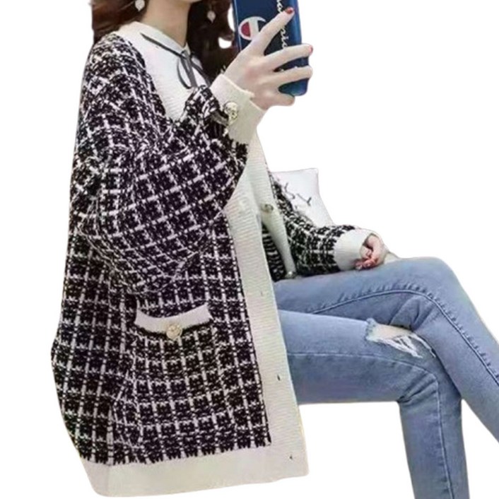 네모 여성용 골드트위드 가디건