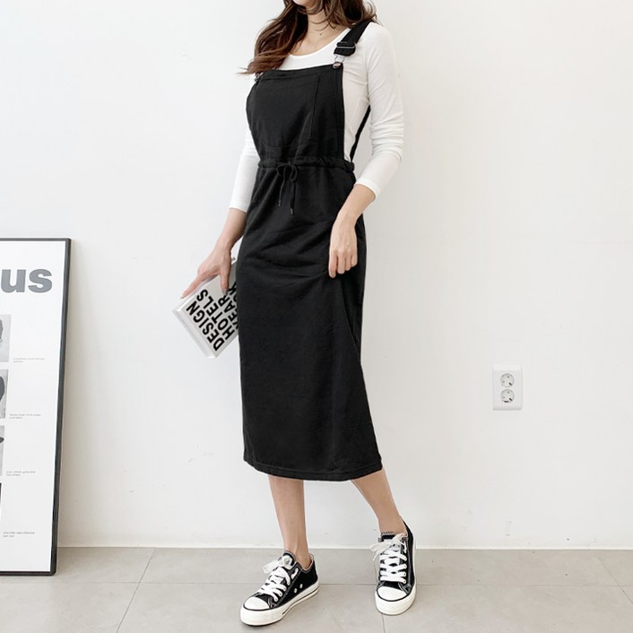 여성용 완전 편해! 데일리 캐쥬얼 포켓 멜빵 원피스 꾸안꾸로 코디 한벌 완성 !