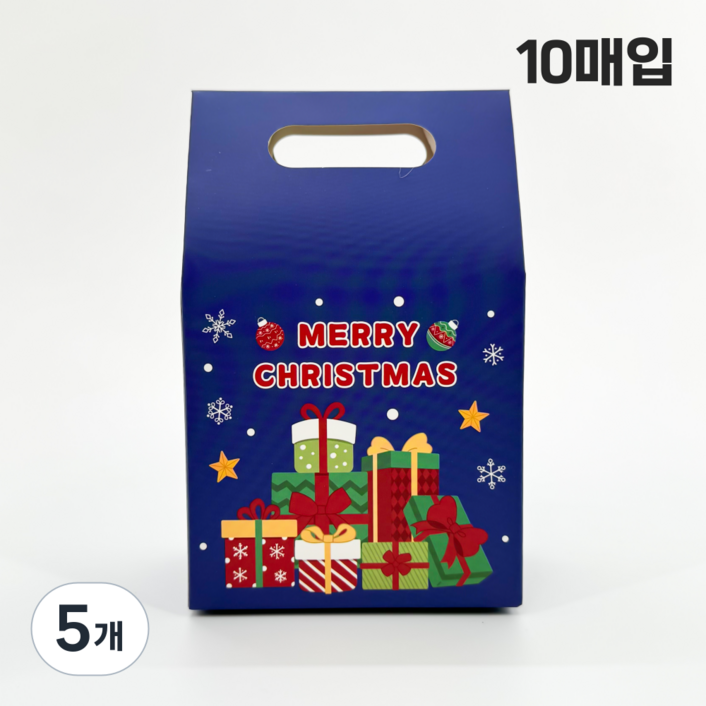 정담 타공 손잡이 크리스마스 일러스트 선물 포장 상자, 5개, 3. 블루