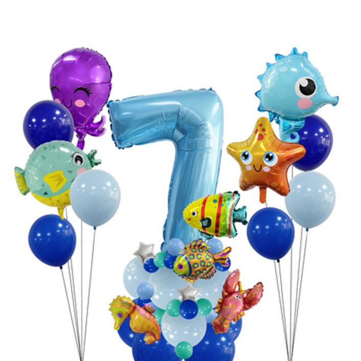 이자벨홈 바다생물 생일파티 + 숫자 7 세트, 블루, 1세트