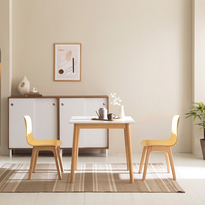 카도 통세라믹 800 사각 식탁 + 밀키의자 2p 2인용 방문설치, 식탁(퓨어화이트), 의자(옐로우)