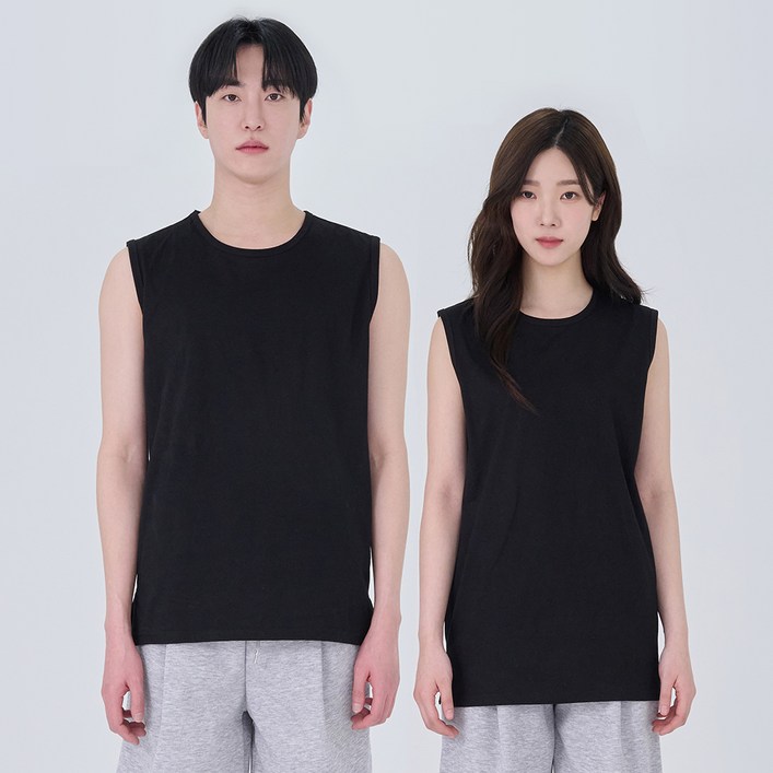 포슈어 남녀공용 통기성 순면 20수 옆 트임 레이어드 민소매 나시 티셔츠