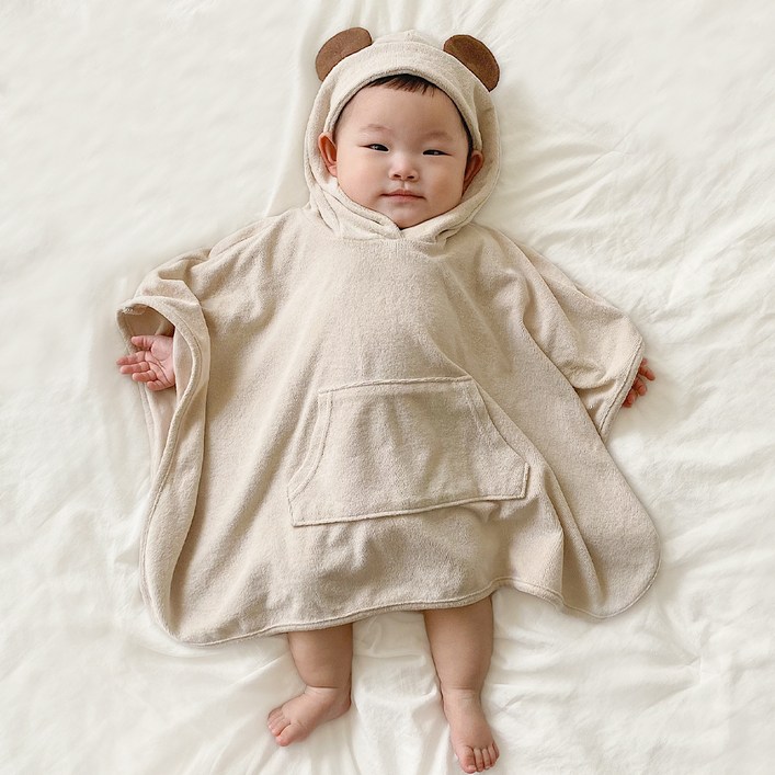 이키 유아용 순수 대나무 뱀부 포켓 타월가운 S, 곰, 1개