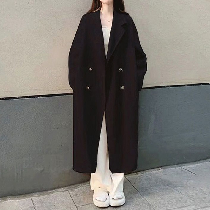 라라티나 여성용 하루빈 루즈핏 가벼운 더블 버튼 롱코트