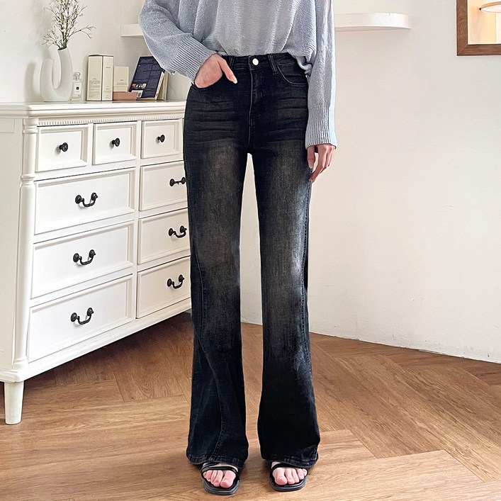 잘빠진 여성용 마술핏 사이드 절개 워싱 스판 데님 부츠컷 팬츠