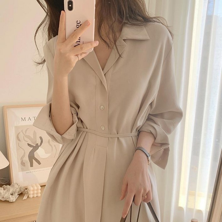 피어니스트 허리끈 카라넥 A라인 롱원피스