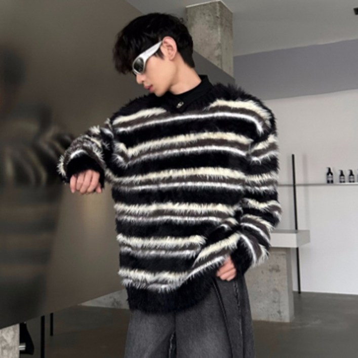 제이티엘 남성용 플러시 하이엔드 스트라이프 루즈 니트