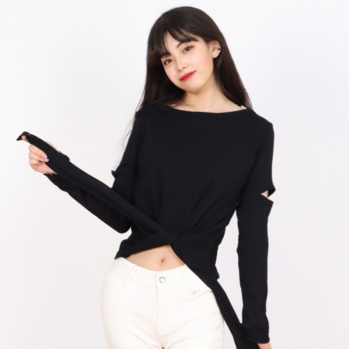 페이퍼먼츠 여성용 라운드 트임 포인트 리본 데일리 슬리브 티셔츠 13660