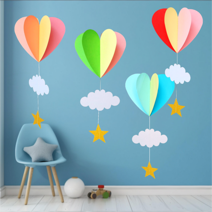 포디자인 동그라미 하트 구름 별 모양 종이 모빌 4종 세트 방 꾸미기 유치원 어린이집 아이방 인테리어