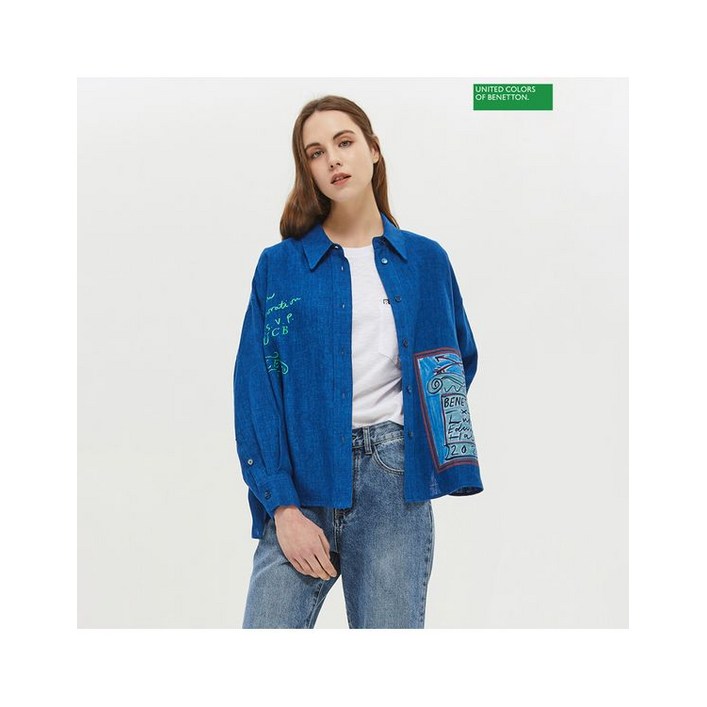 정품발송 베네통 린넨 프린트 포인트 셔츠 BABLB1511 340288