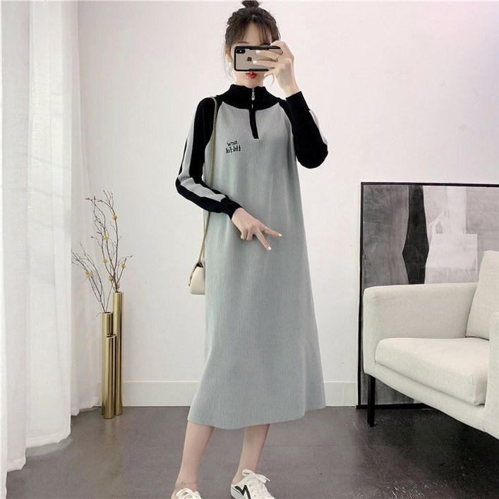 페이준 여성 캐주얼 트레이닝 맨투맨 롱 원피스 추동 루즈핏 자수 감령 반집업 니트 원피스  YF111216