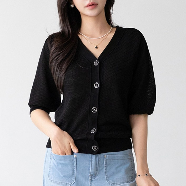 실버 단추 아마면 브이넥 가디건 22602