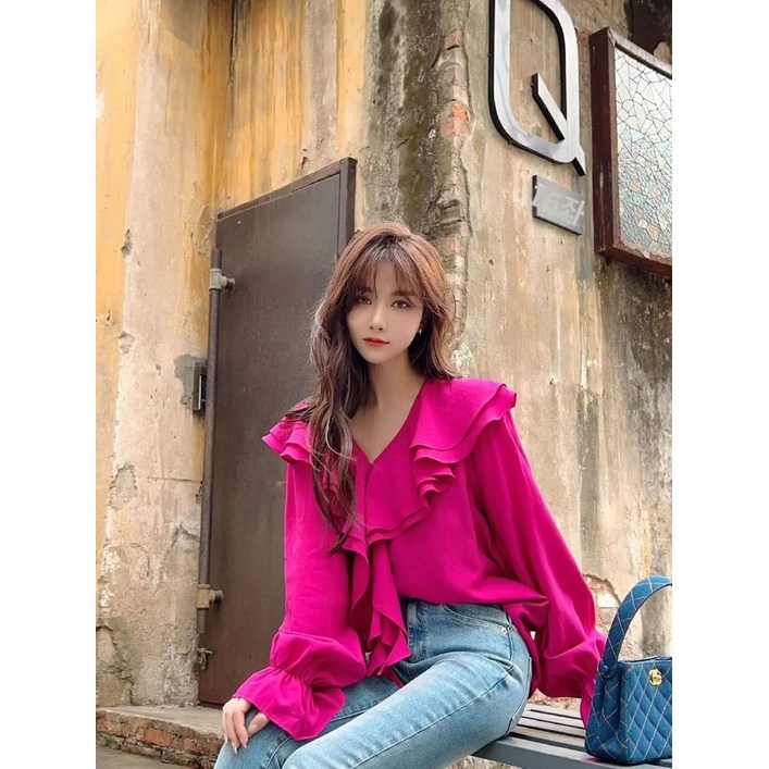 여성 프릴 특이한 끈 화려한 퍼프 패션 러플 벌룬 긴팔 셔츠 레이스 블라우스 미시 패션