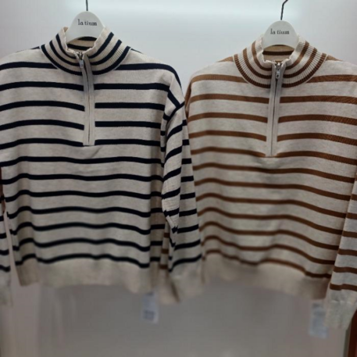 라티움 Destijl HC06 숏짧은 반집업 스트라이프 부드러운 반목폴라 니트티 D2513sw12 31461547 423154