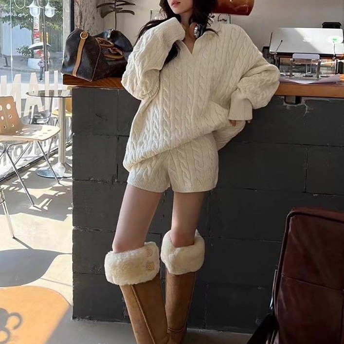 슬림소녀 여성 춘추 캐주얼한 분위기의 브이넥 투피스 고급스러운 꽈배기 짜임 니트 긴팔 반바지 세트