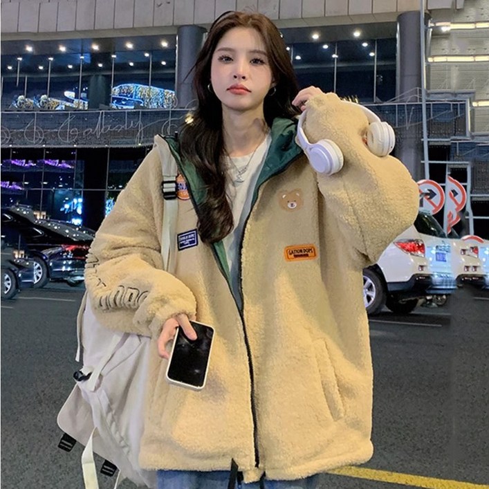 HA.M 여성 뽀글이 후드 점퍼 빅사이즈 루즈핏 집업 양털 자켓 겨울 신상