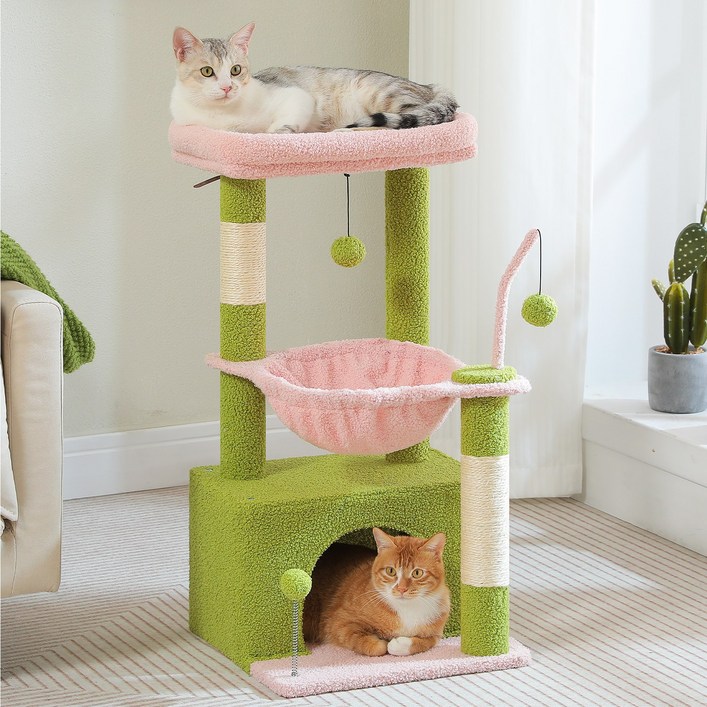 PAWZ Road 3단 선인장형 캣타워 고양이 해먹 네모난 숨숨집, 1개, 핑크