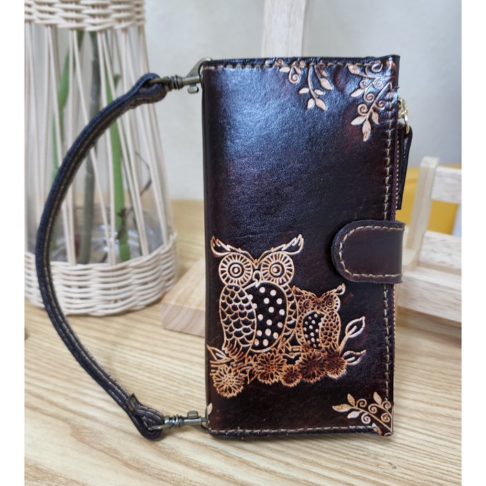 가죽 수제 폰케이스 부엉이 야생화 옆지퍼 수납공간추가 브라운 갤럭시s25 폴드 LGXR갤럭시S9A90 통가죽 이니셜 각인 평생AS