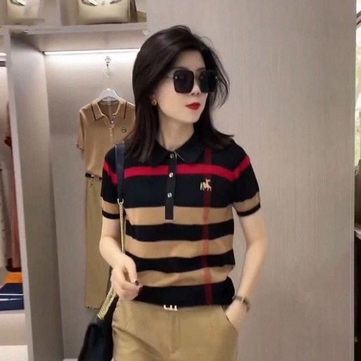딜마켓 지효카라상의 / 여성 데일리 세련된 캐주얼 스트라이프 카라 반팔 티셔츠 상의
