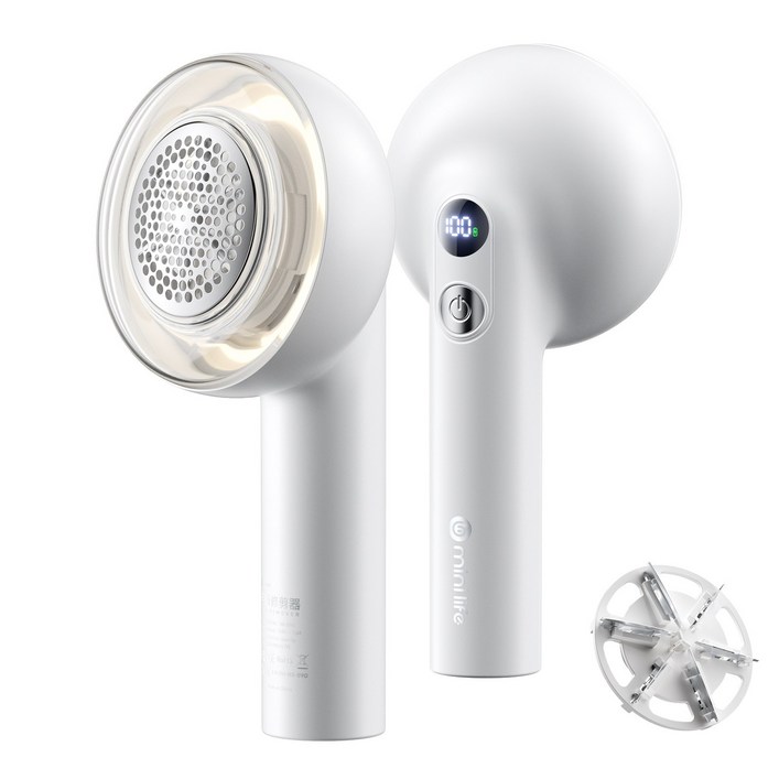 Mini life 보풀제거기 가정용 휴대용 충전식 6중날 링 라이트 LED 디스플레이 보풀제거기 세탁소용, 화이트