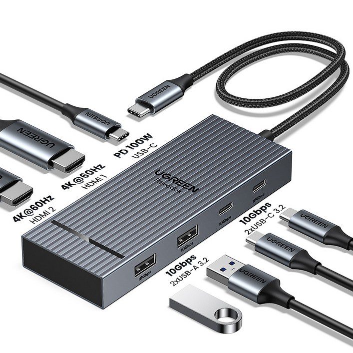 UGREEN 유그린 7/6 포트 10Gbps USB3.2 Gen 2 USB C 멀티허브 4K@60Hz HDMI2.0 도킹 스테이션, 1개