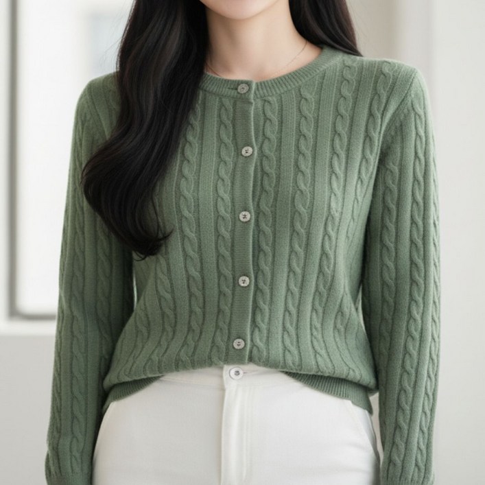 YEON HOME 여성 꽈배기 니트 라운드 가디건 데일리