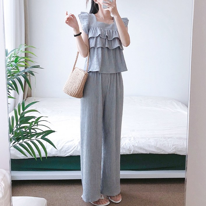 요시아나 당일발송 유엘라 캉캉 프릴 나시 탑 롱팬츠 투피스 세트 2컬러