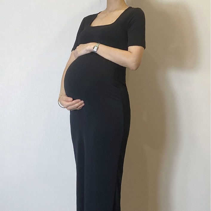 바로배송 임부 스퀘어넥 블랙 슬림 롱 원피스 임산부 주수사진 만삭 촬영 원피스
