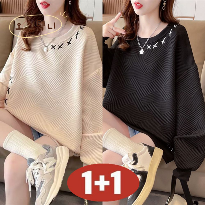 오스틱니 90kg까지 빅사이즈 11 여성 봄가을 라운드넥 자수 심플한 날염 외출용 겨울 긴팔 맨투맨