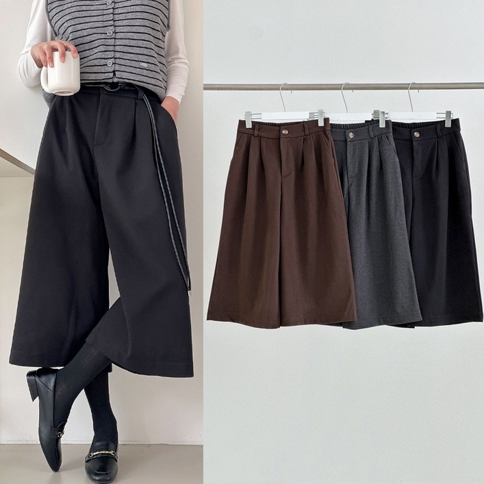 프롬제니 벨트증정 스터민 모직 와이드 팬츠 7부 치마 바지 큐롯 팬츠 밴딩 가을 미디