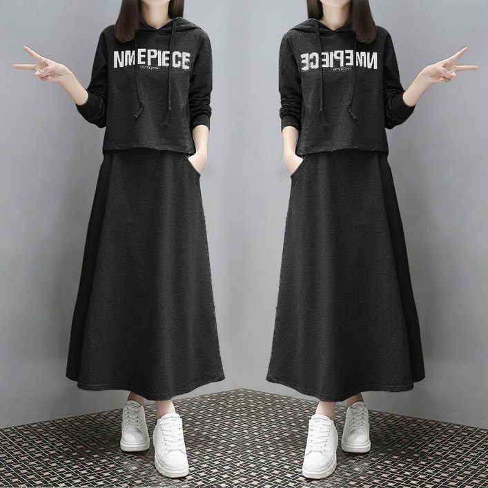 TIMEPURE 봄가을 신상 롱 후디 원피스 상하의 세트 캐주얼 루즈핏 슬림핏 연령없는 스타일