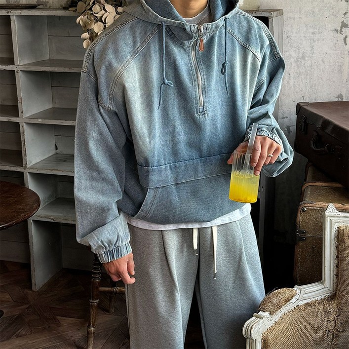 데님 아노락 오버핏 후드 청자켓 (2color)