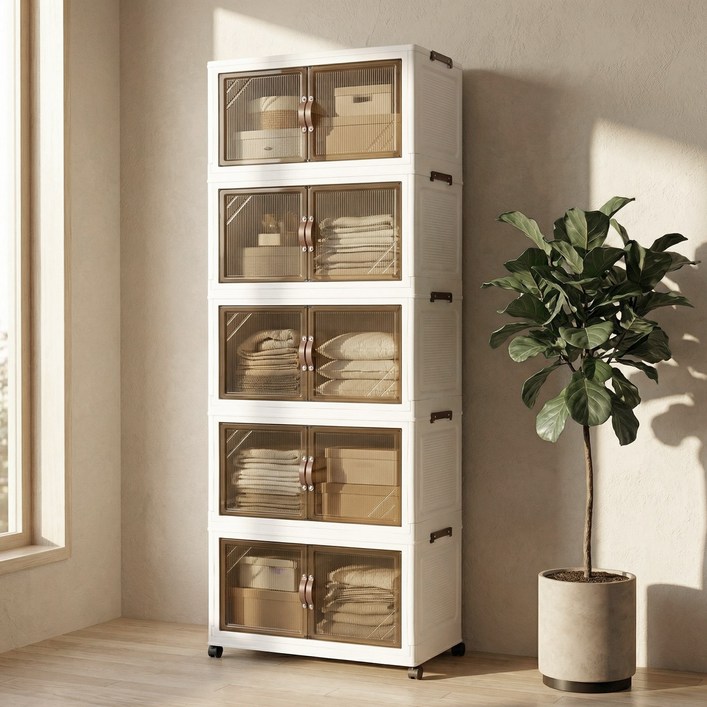 SHEU 대용량 다용도 접이식 이동식 수납장 가정용 플라스틱 리빙박스, 투명 브라운