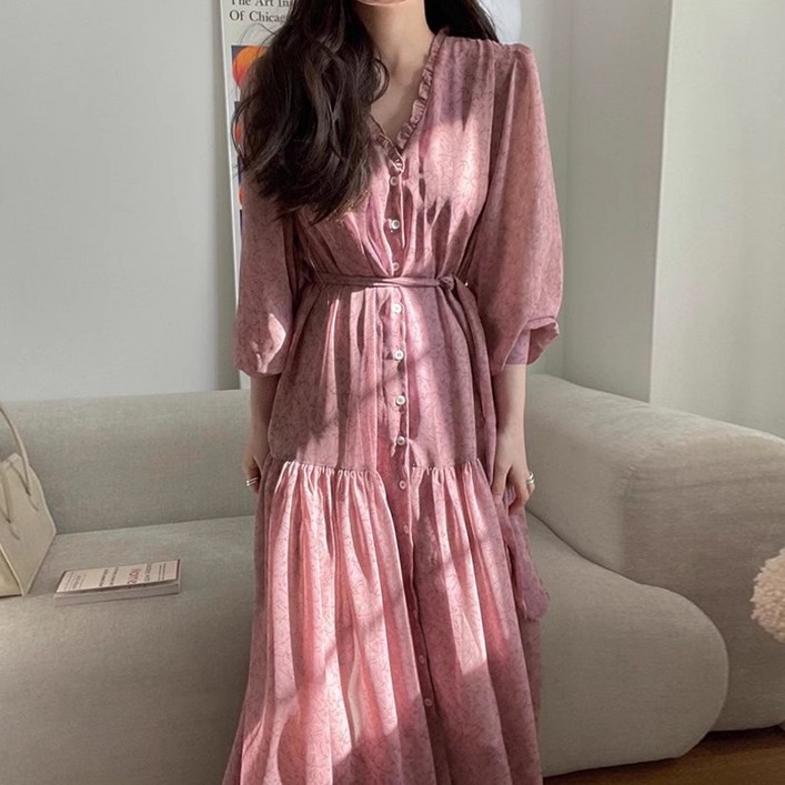 유유라키 여성 브이넥 프릴 꽃무늬 롱 원피스 유유라키 여성 브이넥 프릴 꽃무늬 롱 원피스