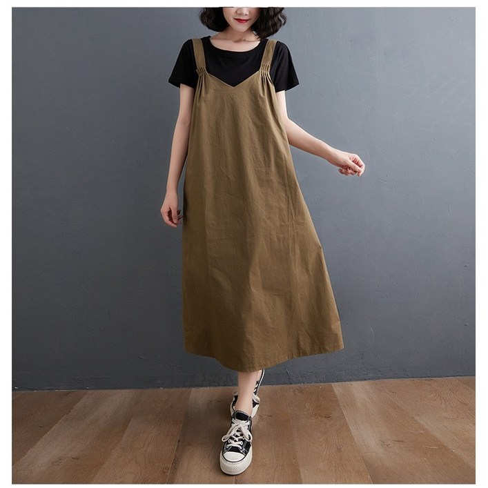 POMTOR면마 봄 여름 루즈핏 빅사이즈 멜빵 원피스 여성 멜빵치마  롱 원피스