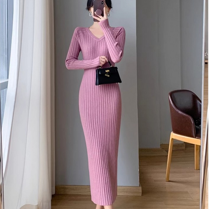 COSYEVNO 여성 니트 원피스 봄 가을 브이넥 빈티지 패션 슬림 긴팔 롱스커트 lyjlyq18