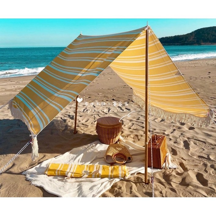 감성 스트라이프 미니타프 해변 공원 차박용 캠핑 폴대포함