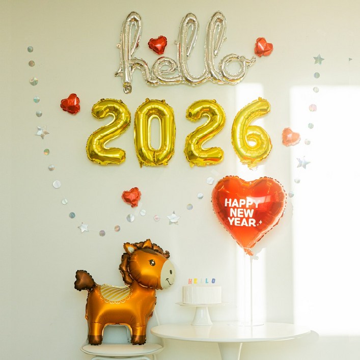 Hello 2026 풍선 헬로우 레드홀스 신년 연말 새해풍선 파티세트, 1세트, 2026 헬로우 레드홀스
