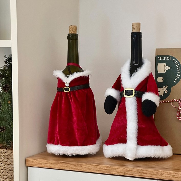 도림 크리스마스 산타 의상 와인 커버 와인병 소품 장식품 파티소품, 1세트, 가운원피스