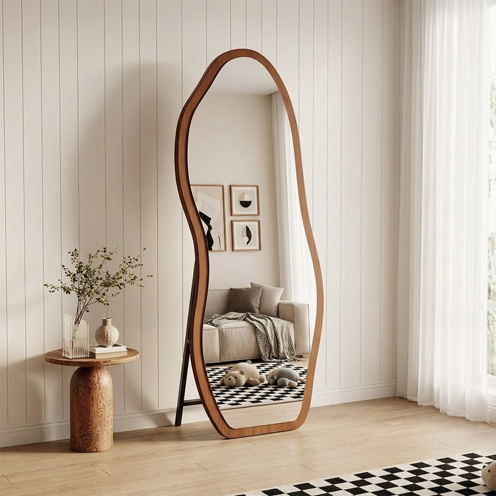 SOPUM HOUSE 인테리어 스탠드 전신거울 프리미엄 대형 웨이브 비정형, 호두색