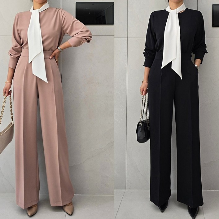 배색 스카프 블라우스 와이드 슬랙스 정장투피스 세트